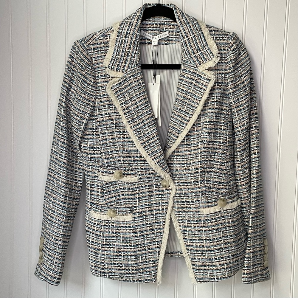 Veronica Beard Aba Tweed Jacket Multi Color Size 0 White Fringe Trim